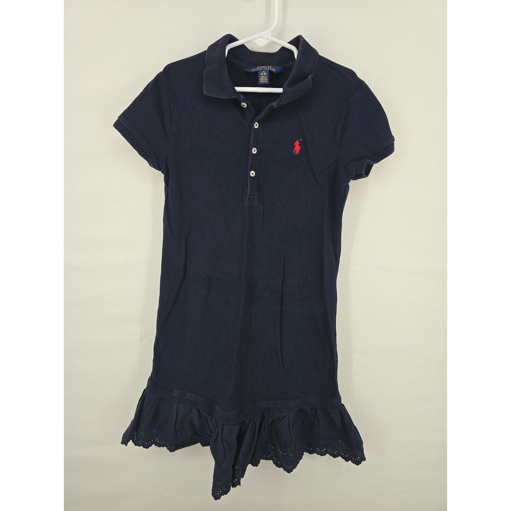 Polo Ralph Lauren Girls Navy Blue Pique Polo Dress Eyelet Ruffle Hem Size M 8-10